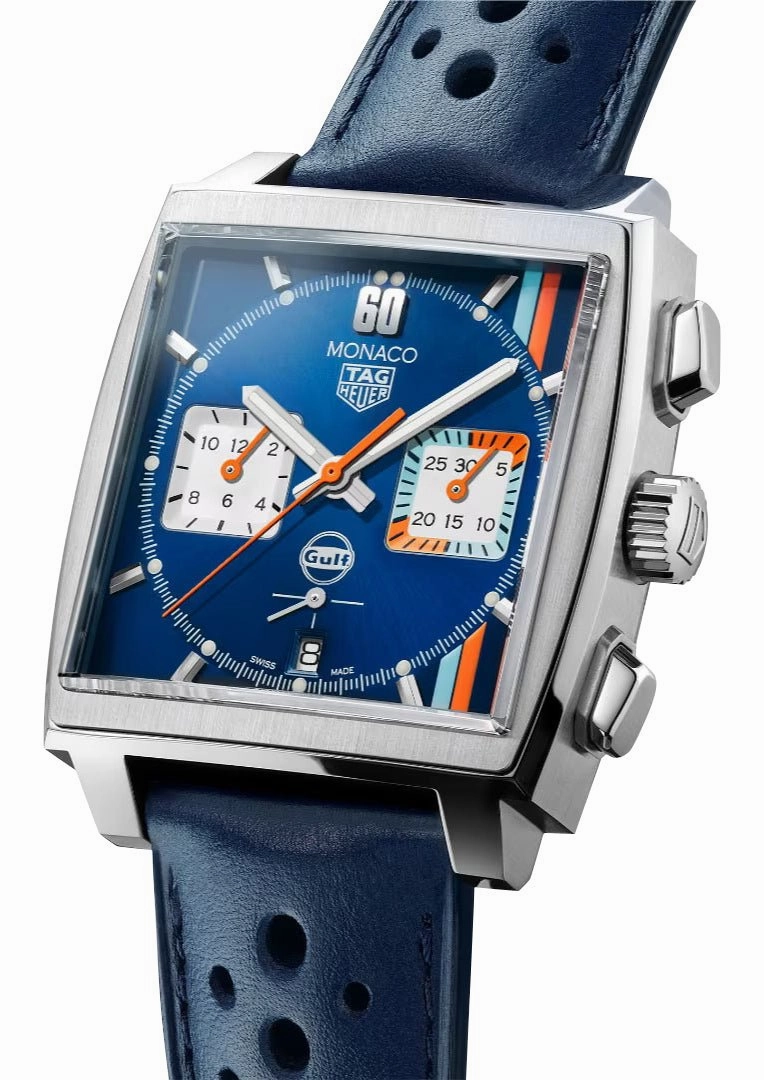 Special Edition TAG Heuer Monaco Gulf Automatic Chronograph Stainless Steel Blue Dial Blue Leather Strap Date Mens Watch CBL2115.FC6494