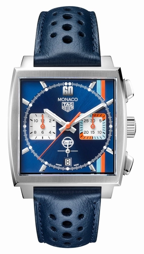 Special Edition TAG Heuer Monaco Gulf Automatic Chronograph Stainless Steel Blue Dial Blue Leather Strap Date Mens Watch CBL2115.FC6494