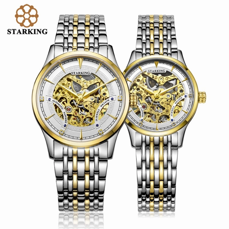 StarKing Luxury Golden Skeleton Automatic Watches Unisex Women And Men Couple Clock Stainless Steel Lover's Wrist Watch AM/L0185