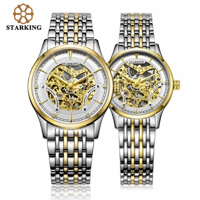 StarKing Luxury Golden Skeleton Automatic Watches Unisex Women And Men Couple Clock Stainless Steel Lover's Wrist Watch AM/L0185