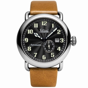 Szanto Men's Automatic Watch - Officer Classic Round Black Dial Tan Strap | SZ 6302E