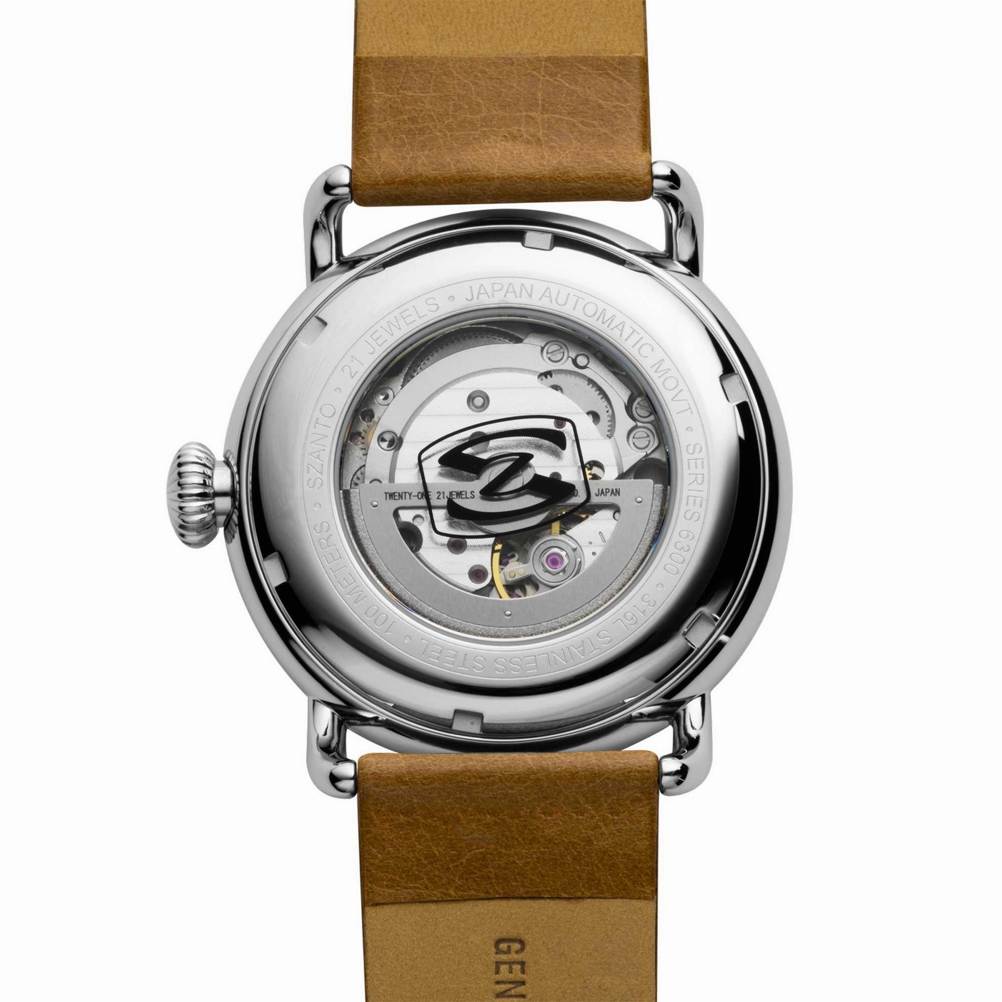 Szanto Men's Automatic Watch - Officer Classic Round Black Dial Tan Strap | SZ 6302E