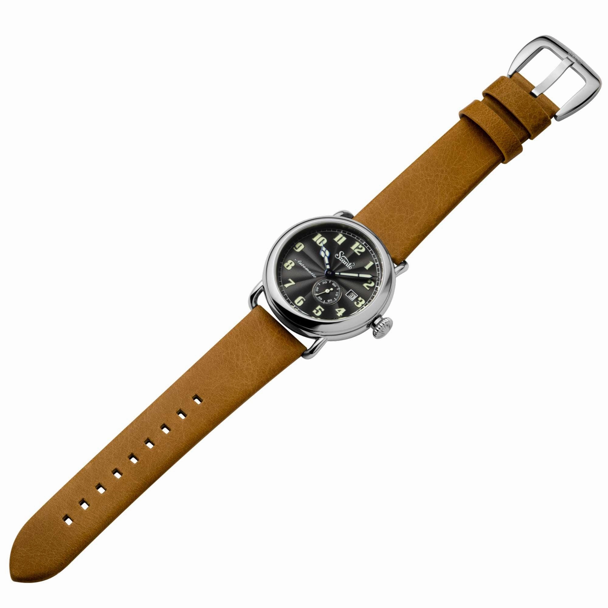 Szanto Men's Automatic Watch - Officer Classic Round Black Dial Tan Strap | SZ 6302E