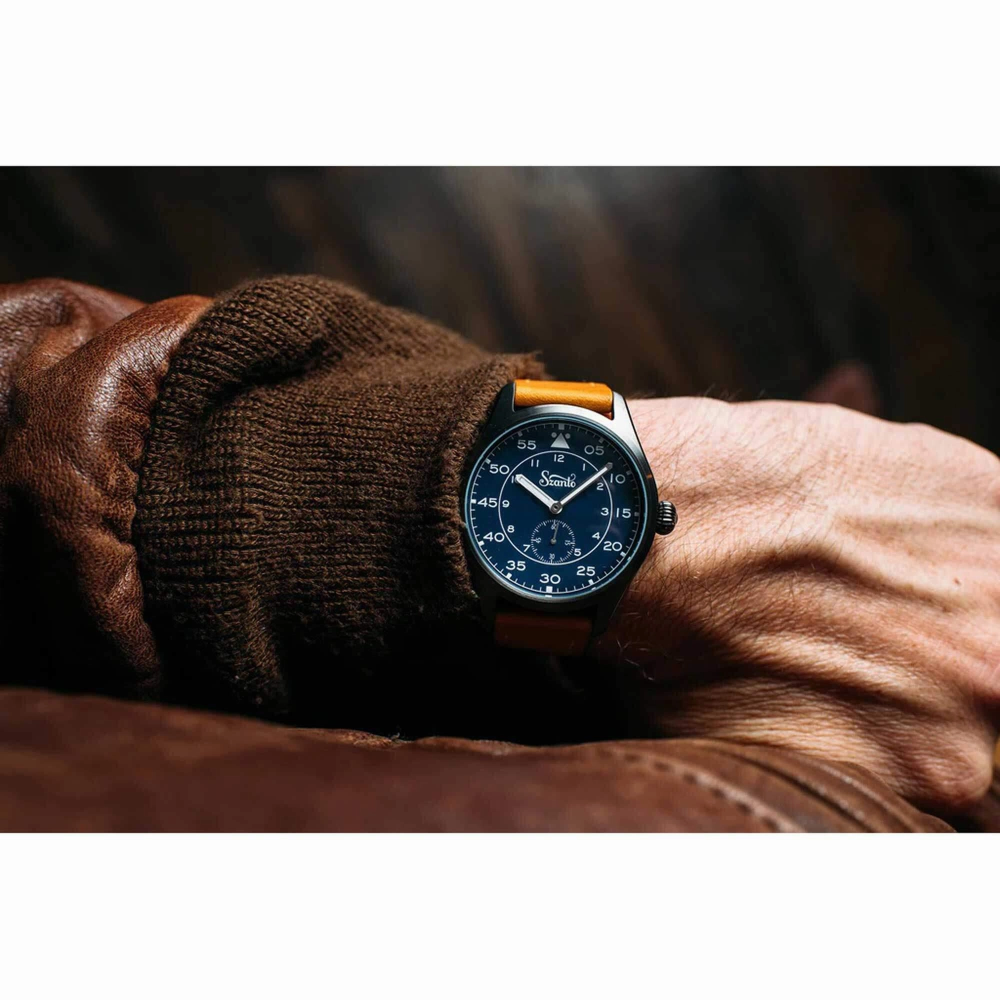 Szanto Men's Watch - Heritage Aviator Small Seconds Blue Dial Tan Strap | SZ 2756