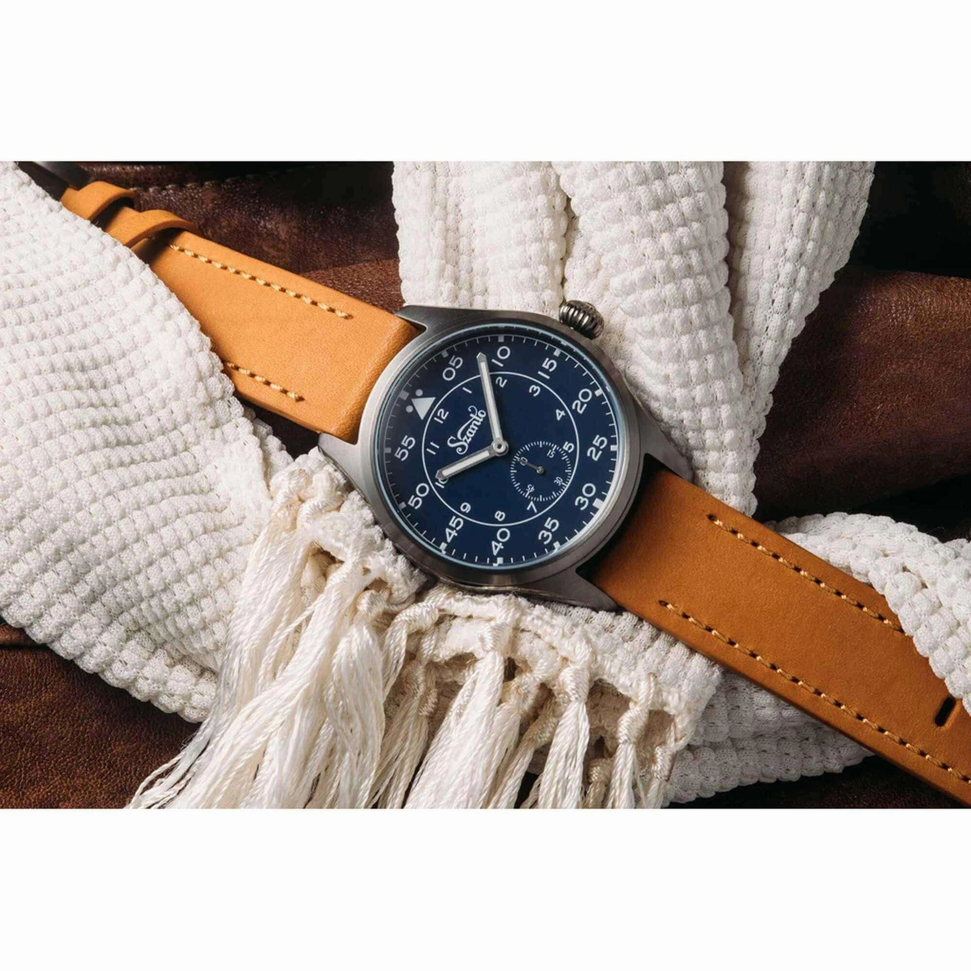 Szanto Men's Watch - Heritage Aviator Small Seconds Blue Dial Tan Strap | SZ 2756