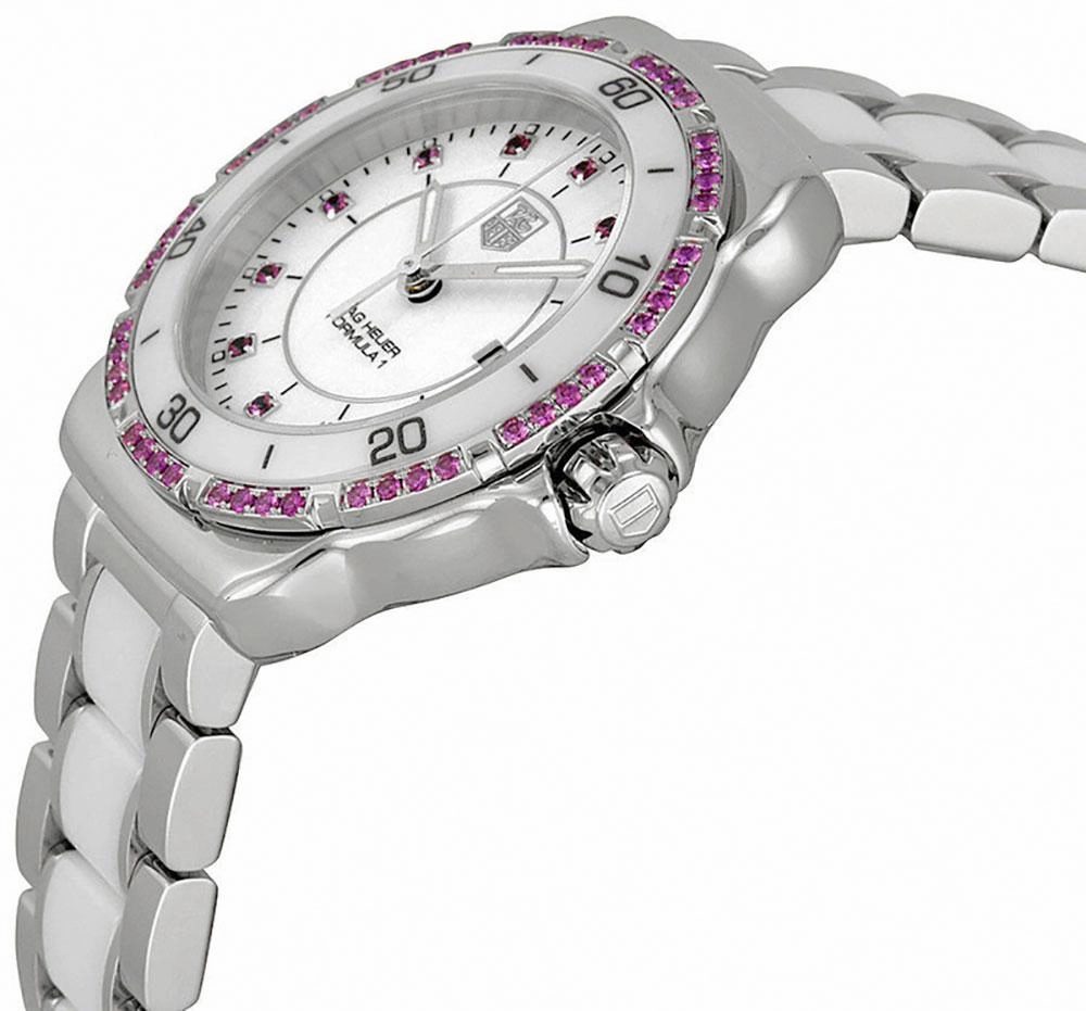 TAG Heuer Formula 1 Steel & Ceramic White Dial Date Pink Sapphire Bezel Quartz Womens Watch WAH1319.BA0868