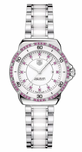 TAG Heuer Formula 1 Steel & Ceramic White Dial Date Pink Sapphire Bezel Quartz Womens Watch WAH1319.BA0868