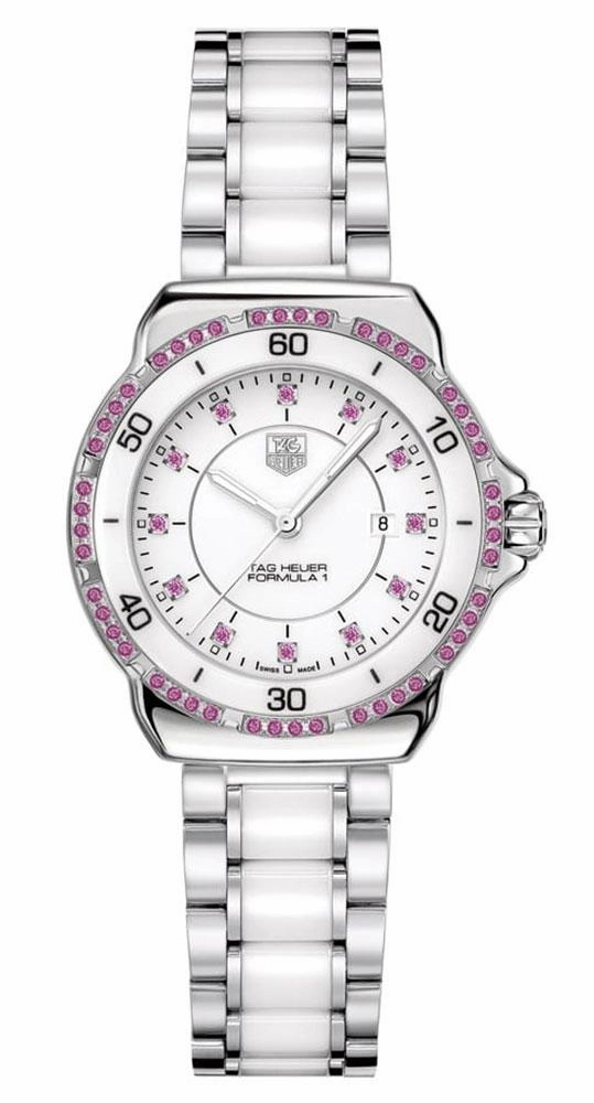 TAG Heuer Formula 1 Steel & Ceramic White Dial Date Pink Sapphire Bezel Quartz Womens Watch WAH1319.BA0868