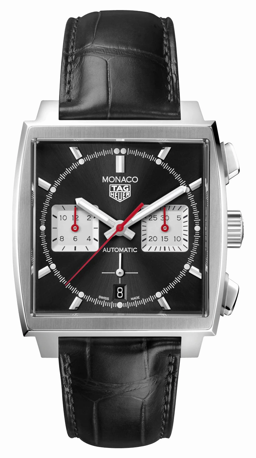 TAG Heuer Monaco Automatic Chronograph Stainless Steel Black Dial Black Leather Strap Date Mens Watch CBL2113.FC6177