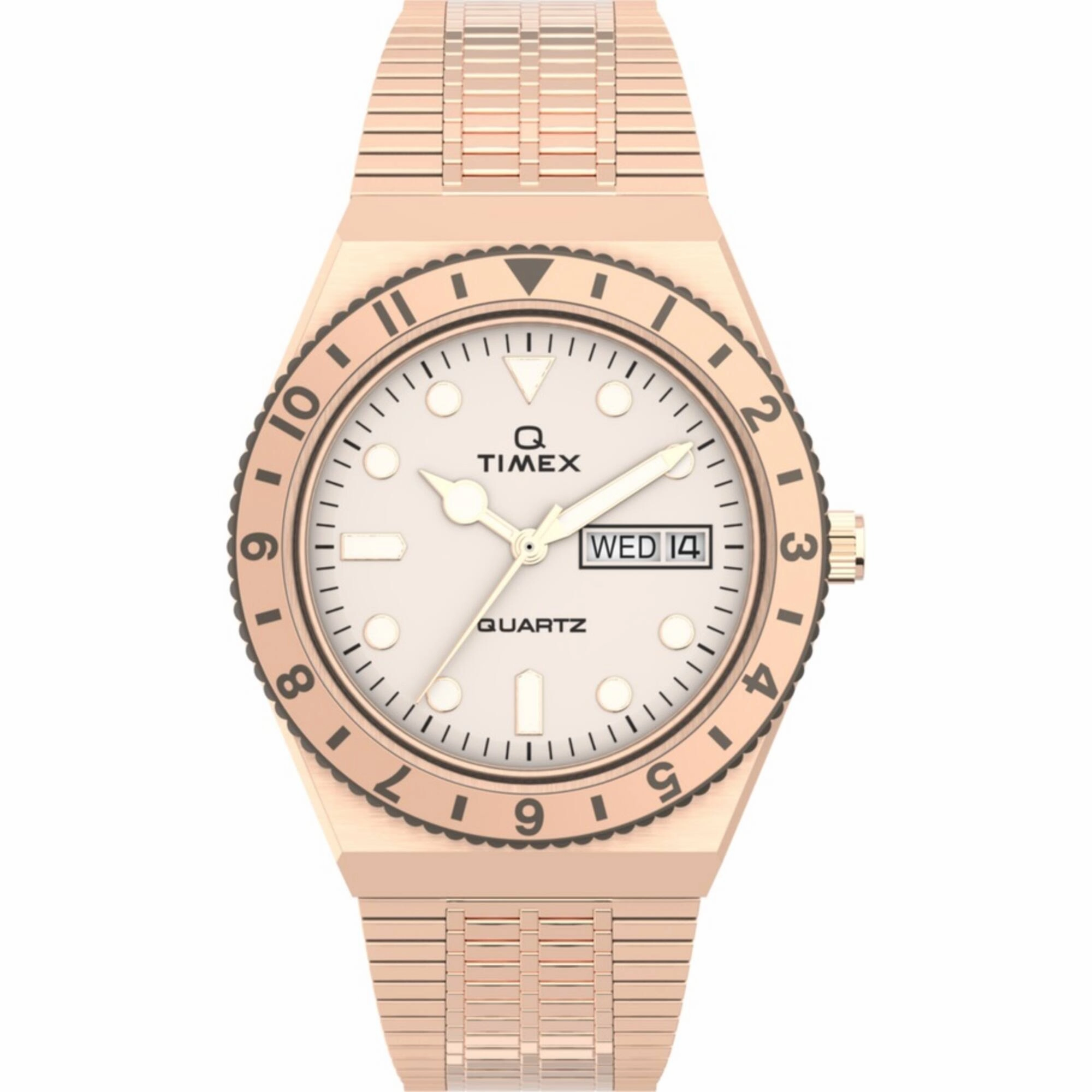 Timex Women's Watch - Q Quartz Cream Dial Rose Gold Steel Bracelet | TW2U95700