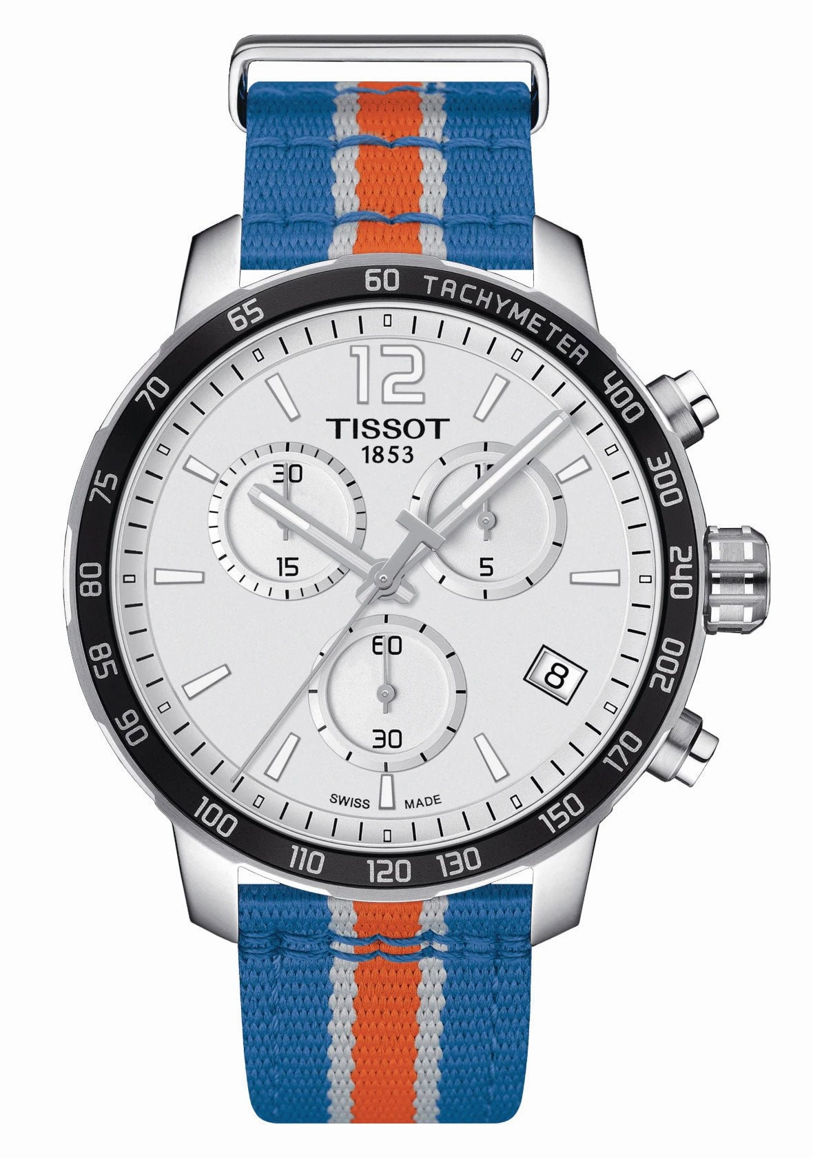 Tissot Quickster Special Edition NBA New York Knicks Chronograph Stainless Steel Silver Dial Blue/Orange Textile Strap Date Quartz Mens Watch T095.417.17.037.06