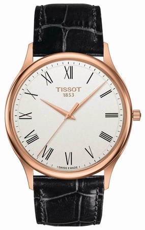 Tissot T-Gold Excellence 18K Rose Gold Cream Dial Black Leather Strap Quartz Mens Watch T9264107601300