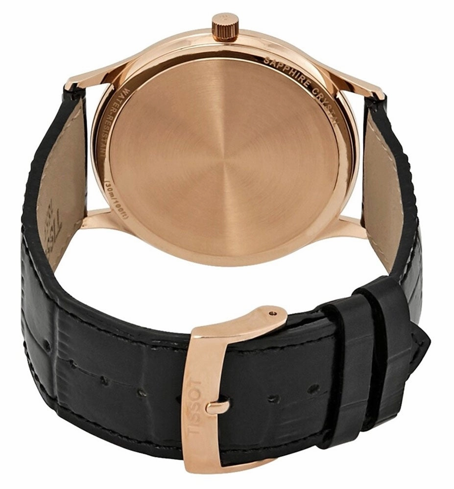 Tissot T-Gold Excellence 18K Rose Gold Cream Dial Black Leather Strap Quartz Mens Watch T9264107601300