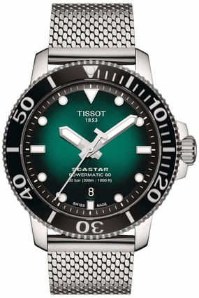 Tissot T-Sport Seastar 1000 Automatic Powermatic 80 Green Dial Stainless Steel Mesh Mens Watch T120.407.11.091.00