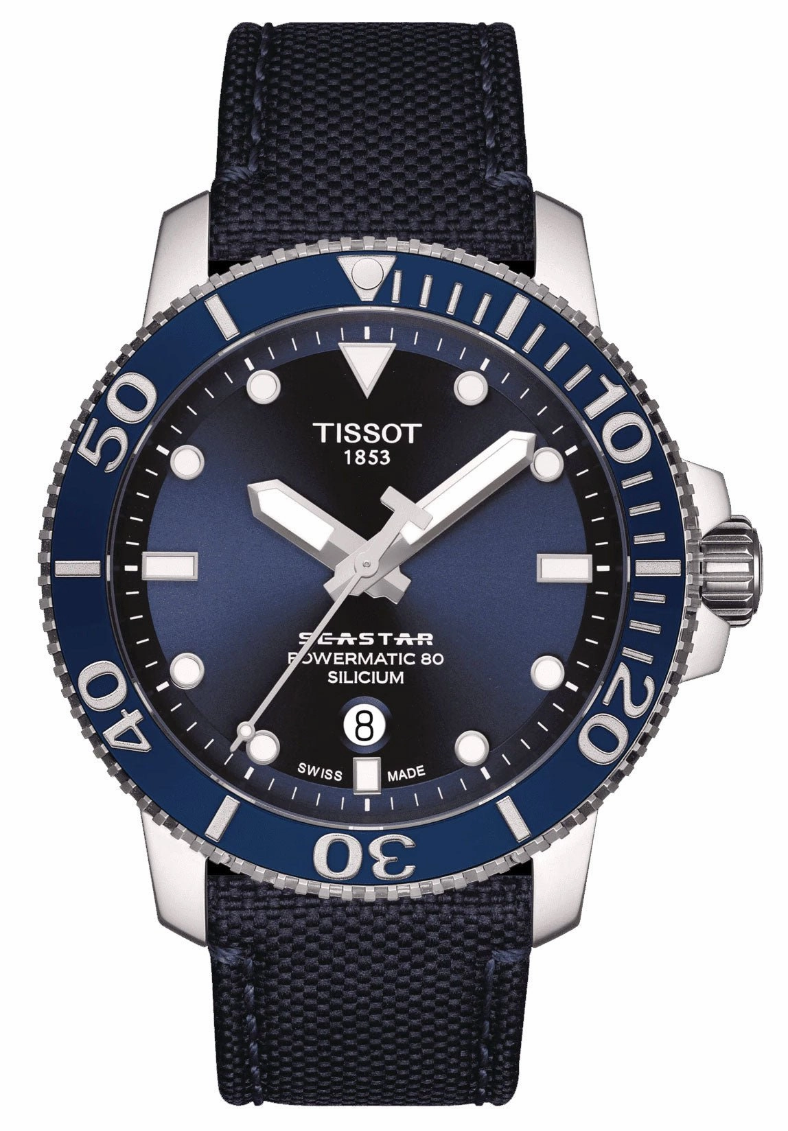Tissot T-Sport Seastar 1000 Automatic Powermatic 80 Silicium Blue Dial Blue Textile Strap Date Mens Watch T120.407.17.041.01