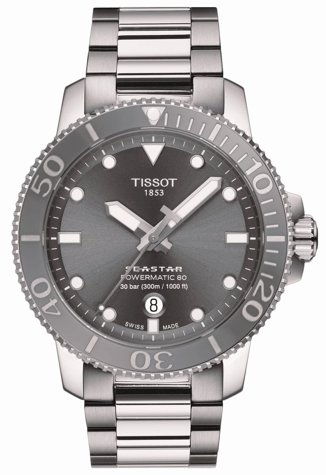Tissot T-Sport Seastar 1000 Automatic Powermatic 80 Stainless Steel Gray Dial Date Divers Mens Watch T120.407.11.081.01