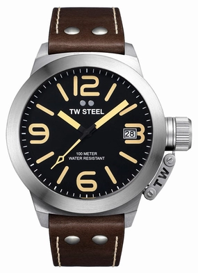 TW Steel Canteen Stainless Steel Brown Leather Strap Black Dial Date Quartz Mens Watch CS31