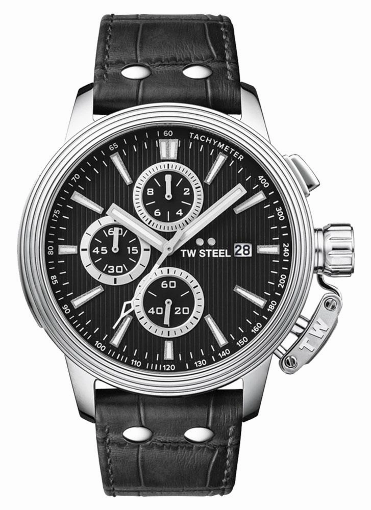 TW Steel Ceo Adesso Chronograph Stainless Steel Black Leather Strap Black Dial Quartz Date Mens Watch CE7002