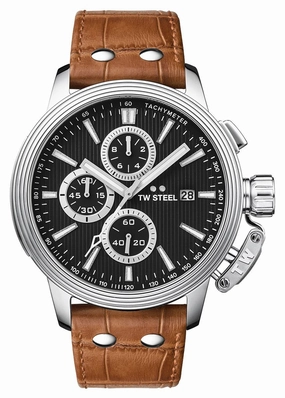 TW Steel Ceo Adesso Chronograph Stainless Steel Caramel Leather Strap Black Dial Quartz Date Mens Watch CE7004