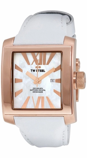 TW Steel CEO Goliath Rose Gold PVD Stainless Steel White Leather Quartz Date Mother of Pearl Dial Unisex Watch CE3016