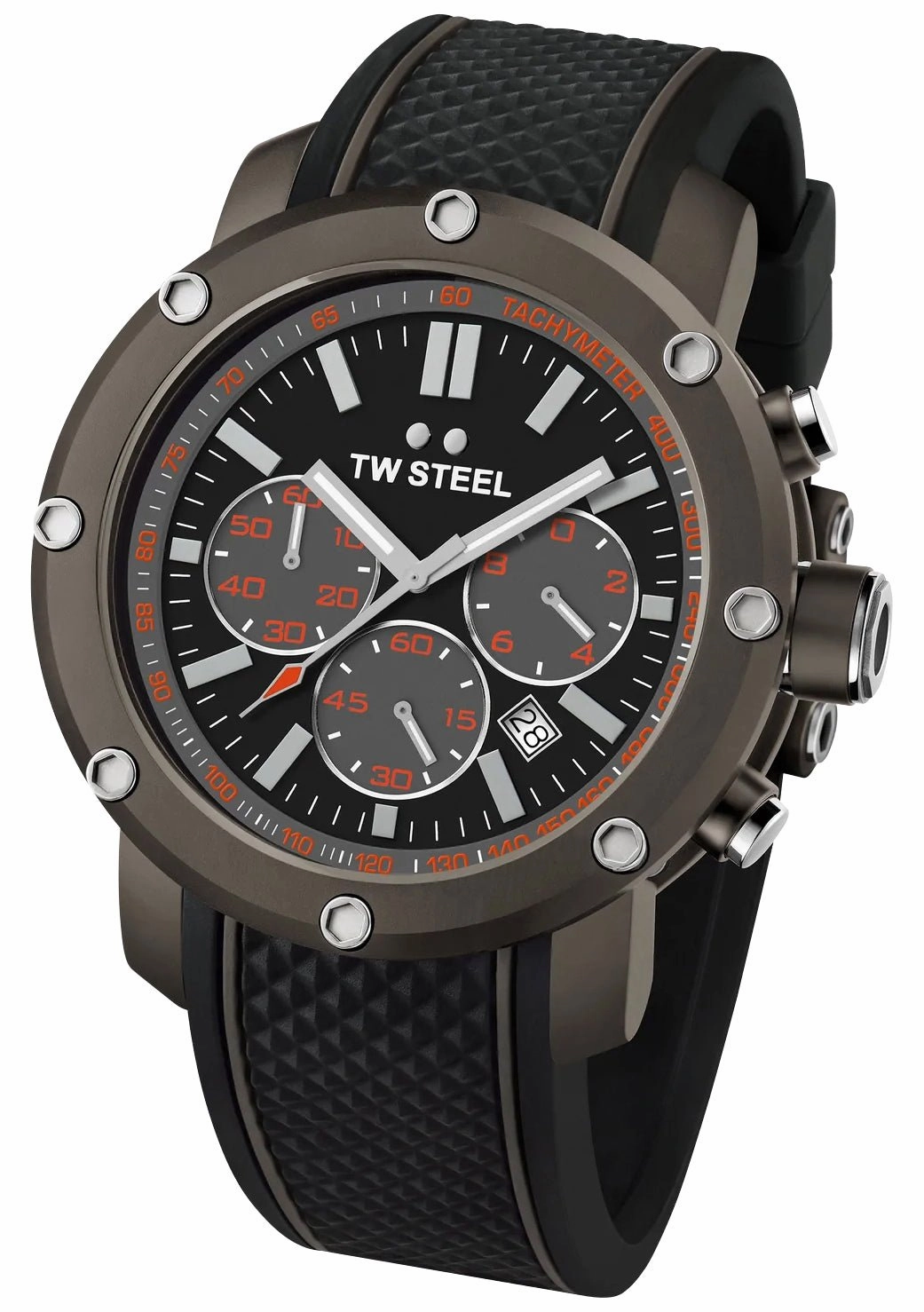 TW Steel Grandeur Tech Chronograph Gray PVD Black Dial Black Silicon Strap Date Quartz Mens Watch TS4