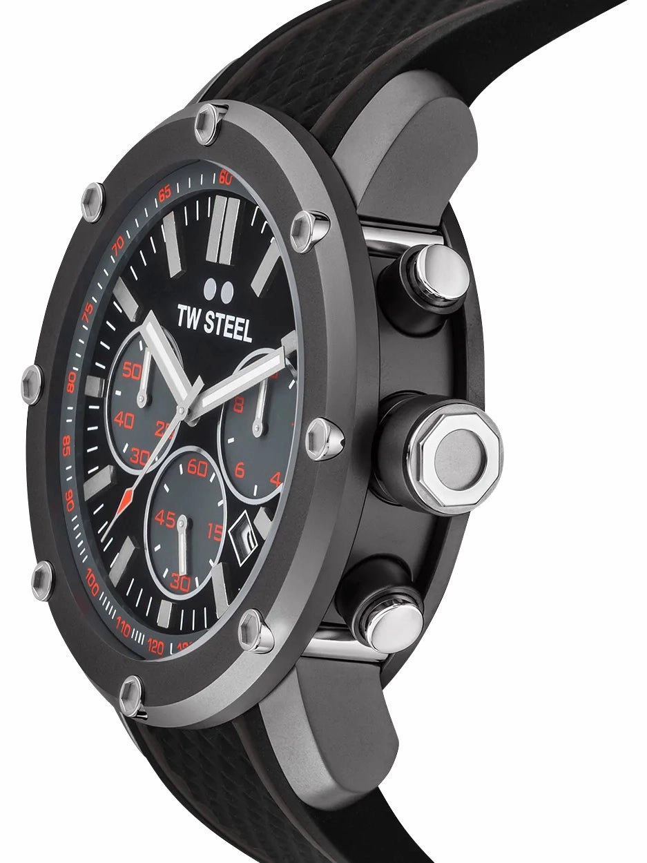 TW Steel Grandeur Tech Chronograph Gray PVD Black Dial Black Silicon Strap Date Quartz Mens Watch TS4