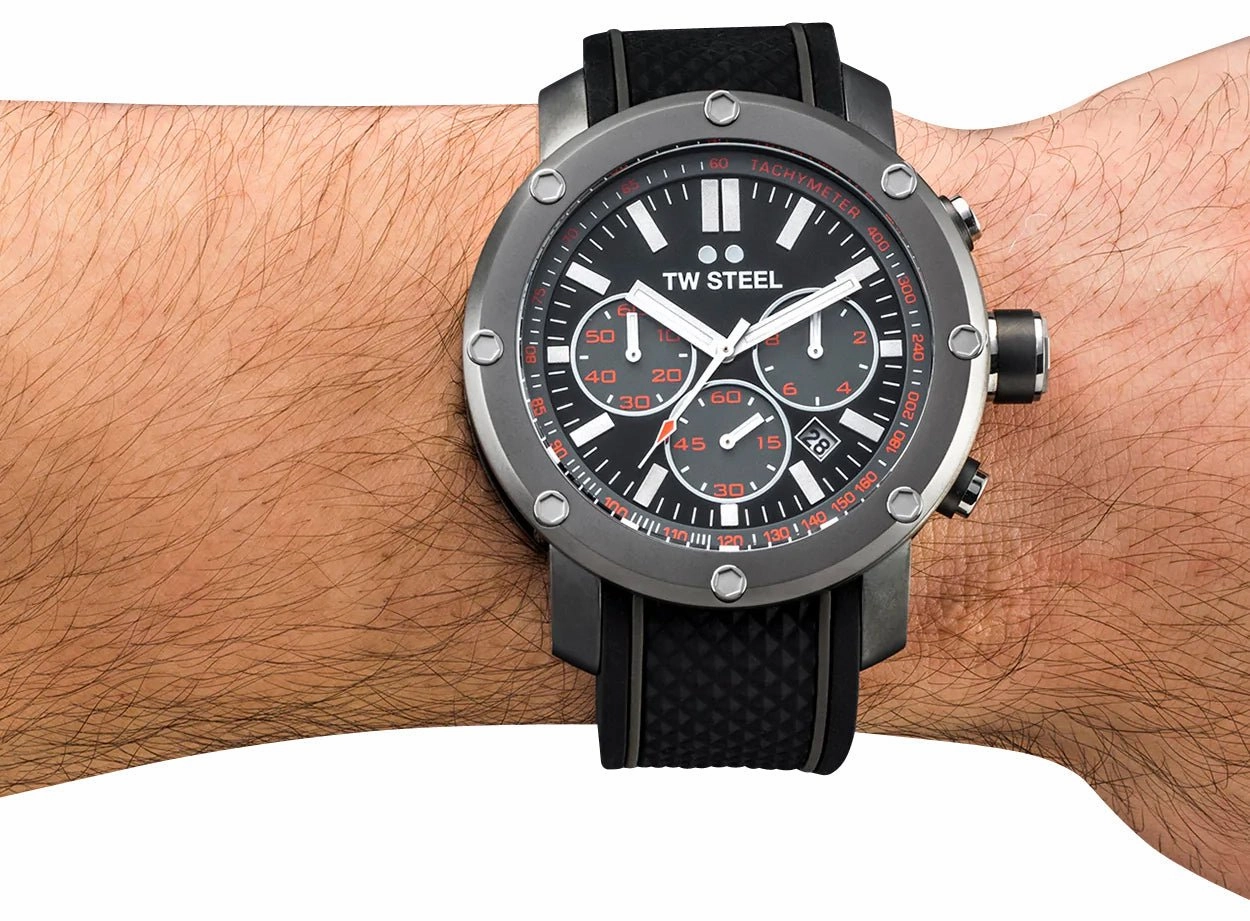 TW Steel Grandeur Tech Chronograph Gray PVD Black Dial Black Silicon Strap Date Quartz Mens Watch TS4
