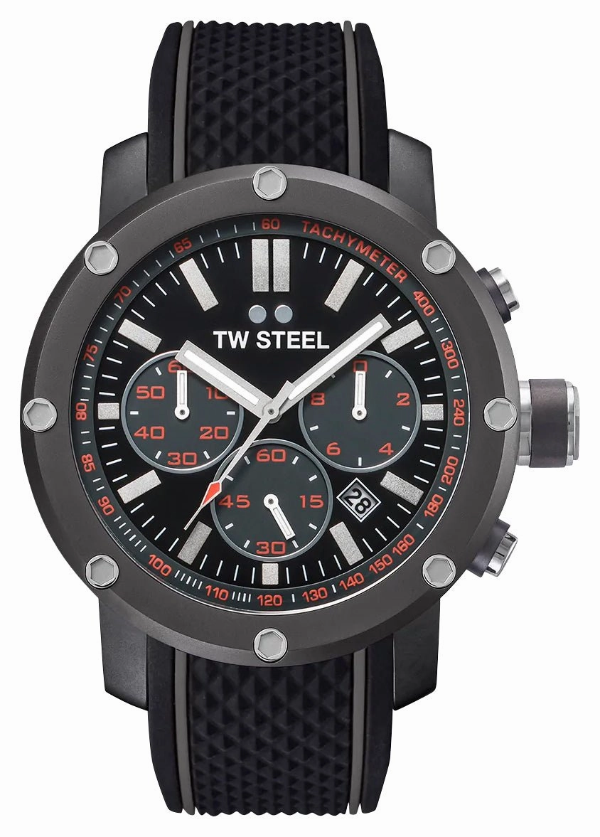TW Steel Grandeur Tech Chronograph Gray PVD Black Dial Black Silicon Strap Date Quartz Mens Watch TS4