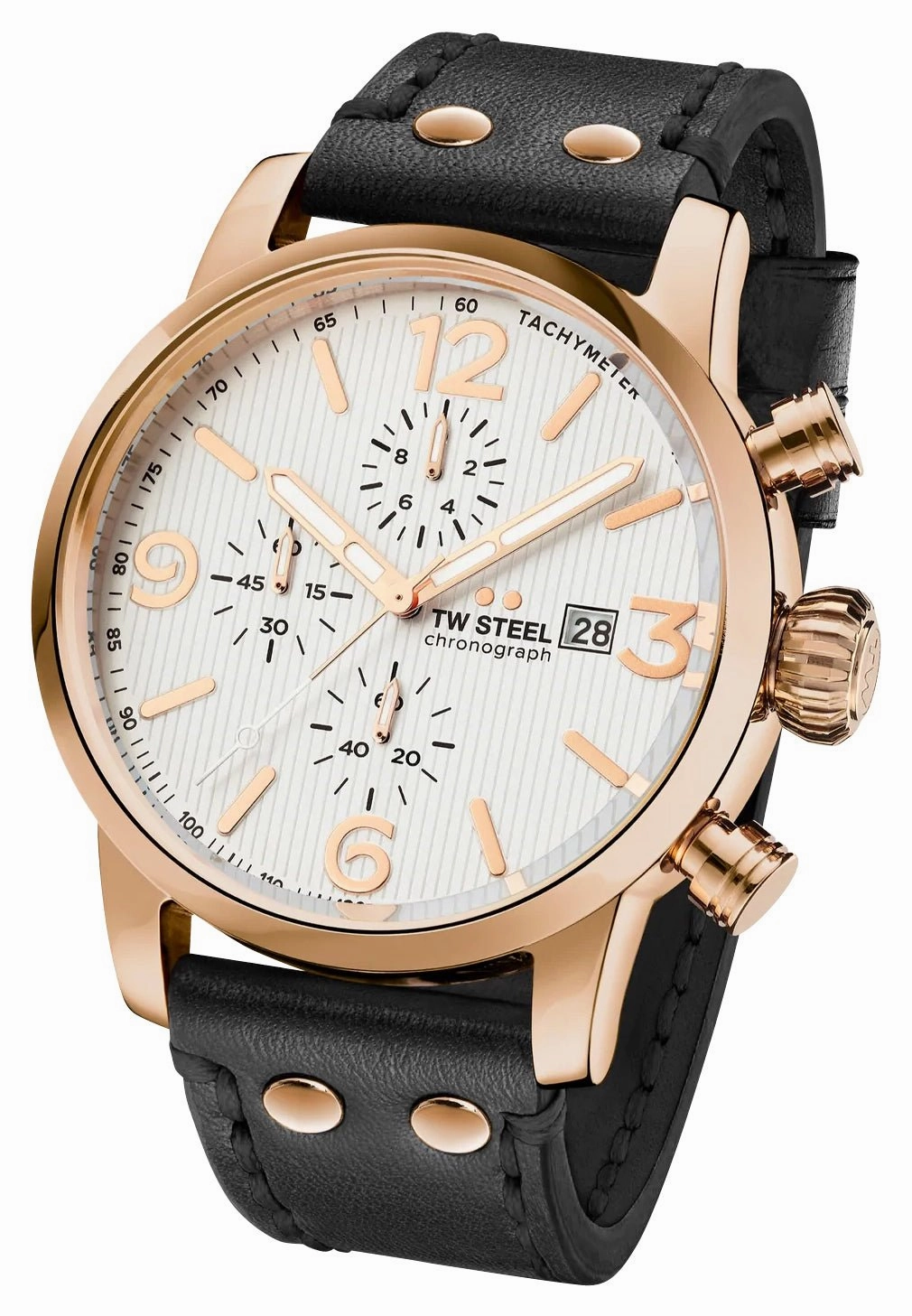 TW Steel Maverick Chronograph Rose Gold PVD White Dial Black Leather Strap Date Quartz Mens Watch MS73