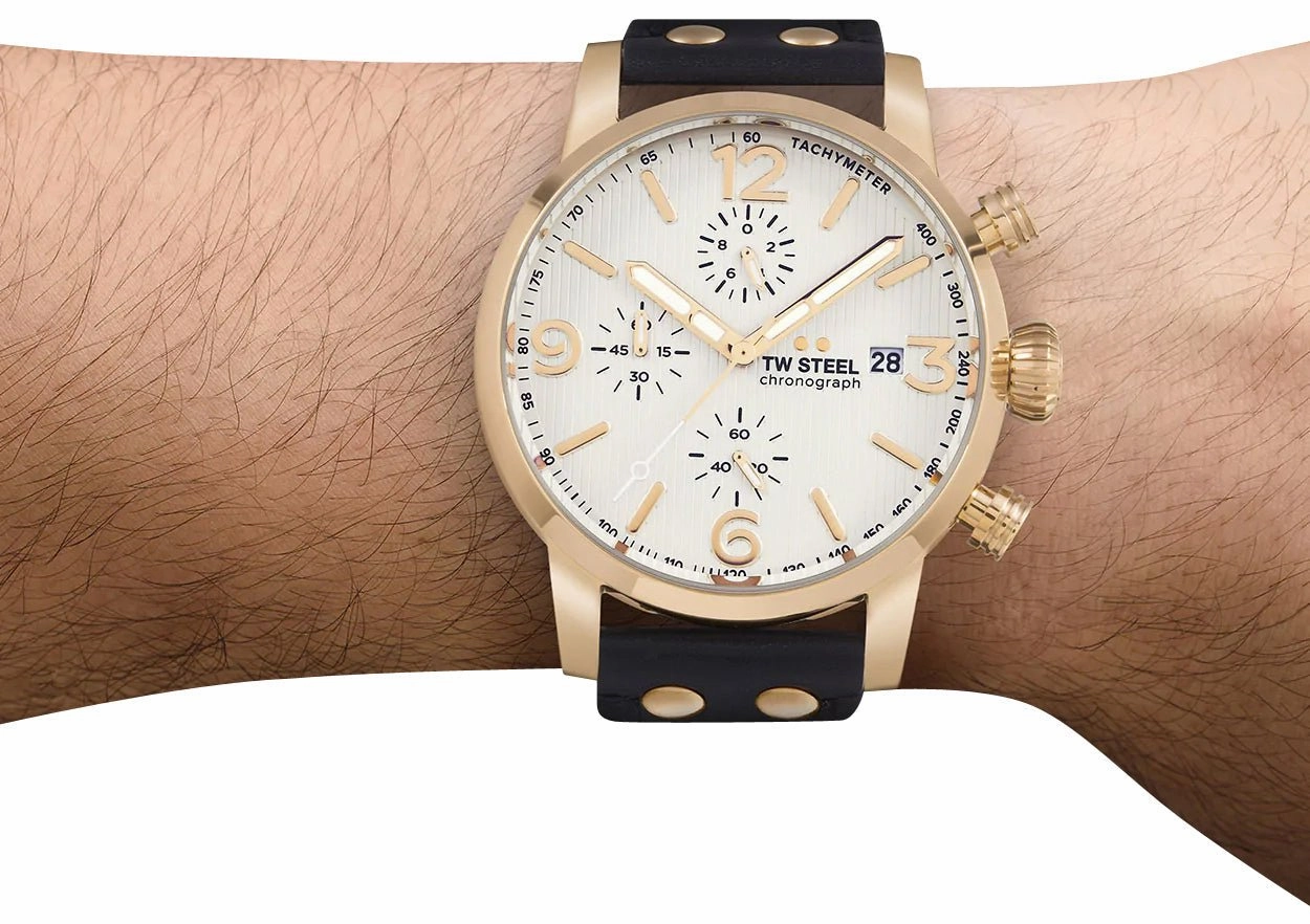 TW Steel Maverick Chronograph Rose Gold PVD White Dial Black Leather Strap Date Quartz Mens Watch MS73