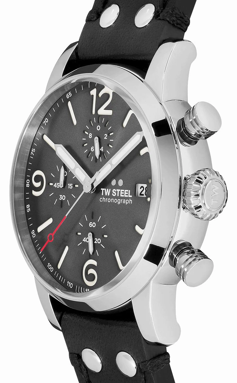 TW Steel Maverick Chronograph Stainless Steel Gray Dial Black Leather Strap Date Quartz Mens Watch MS93