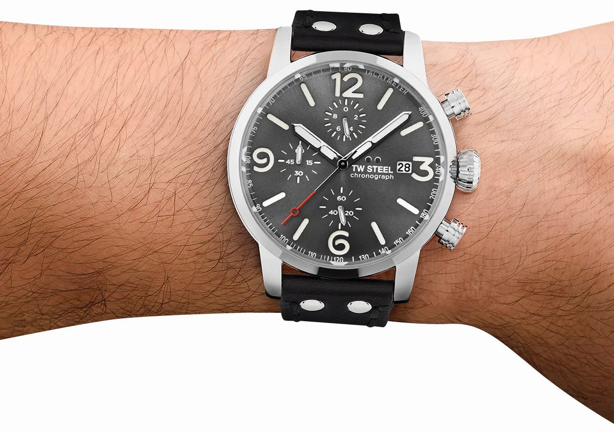 TW Steel Maverick Chronograph Stainless Steel Gray Dial Black Leather Strap Date Quartz Mens Watch MS93