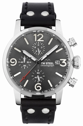 TW Steel Maverick Chronograph Stainless Steel Gray Dial Black Leather Strap Date Quartz Mens Watch MS93