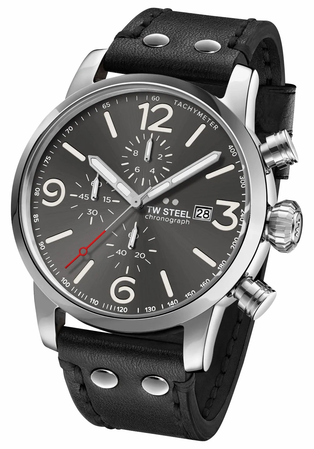 TW Steel Maverick Chronograph Stainless Steel Gray Dial Black Leather Strap Date Quartz Mens Watch MS93