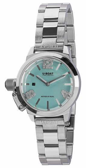U-Boat Classico Stainless Steel Blue Mother-Of-Pearl Dial Diamonds Date Quartz Womens Watch 8900