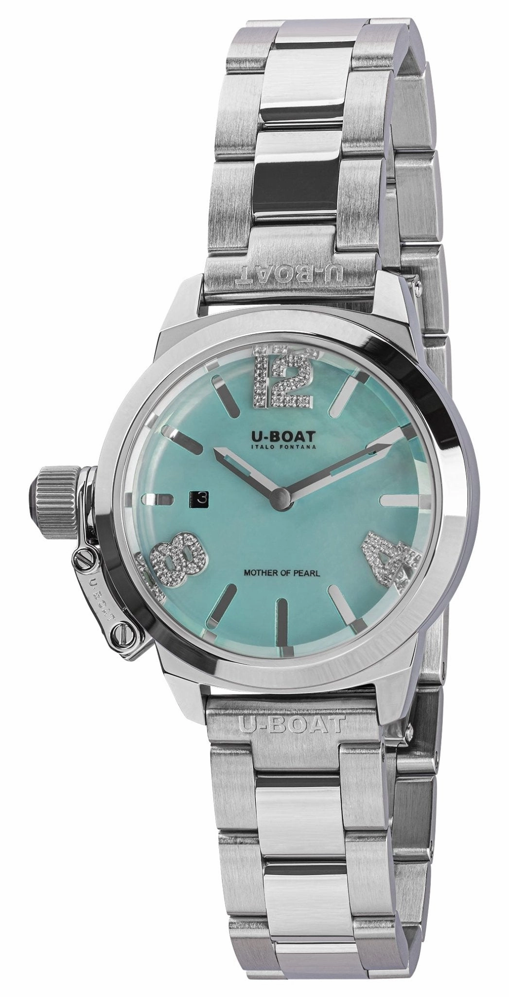 U-Boat Classico Stainless Steel Blue Mother-Of-Pearl Dial Diamonds Date Quartz Womens Watch 8900