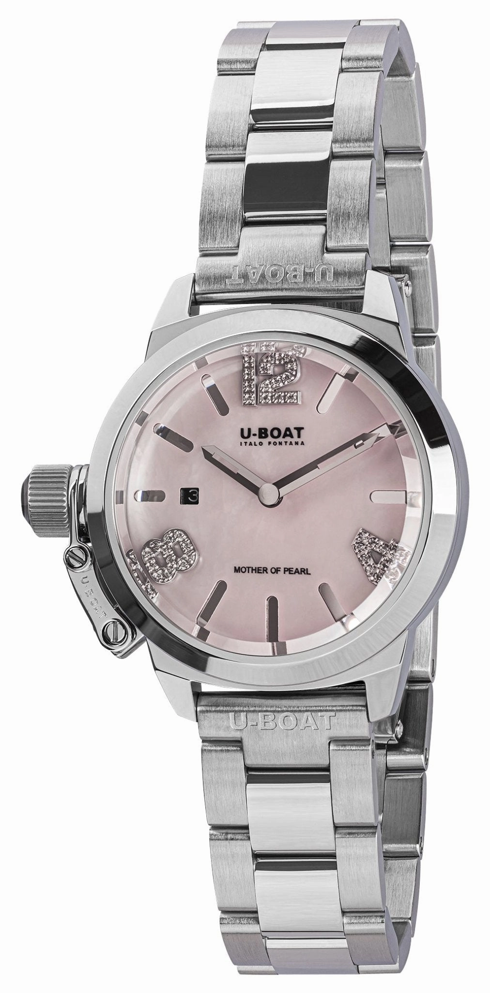 U-Boat Classico Stainless Steel Pink Mother-Of-Pearl Dial Diamonds Date Quartz Womens Watch 8898