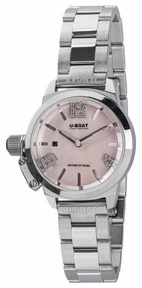 U-Boat Classico Stainless Steel Pink Mother-Of-Pearl Dial Diamonds Date Quartz Womens Watch 8898