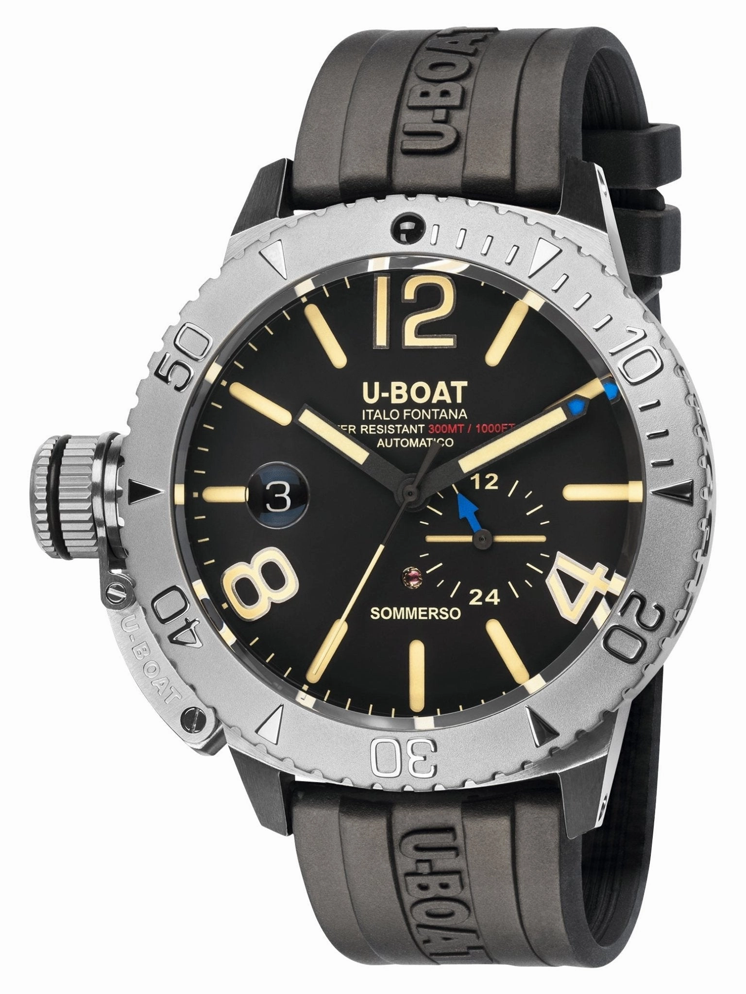 U-Boat Sommerso Automatic Stainless Steel Black Dial Black Rubber Strap Date Divers Mens Watch 9007