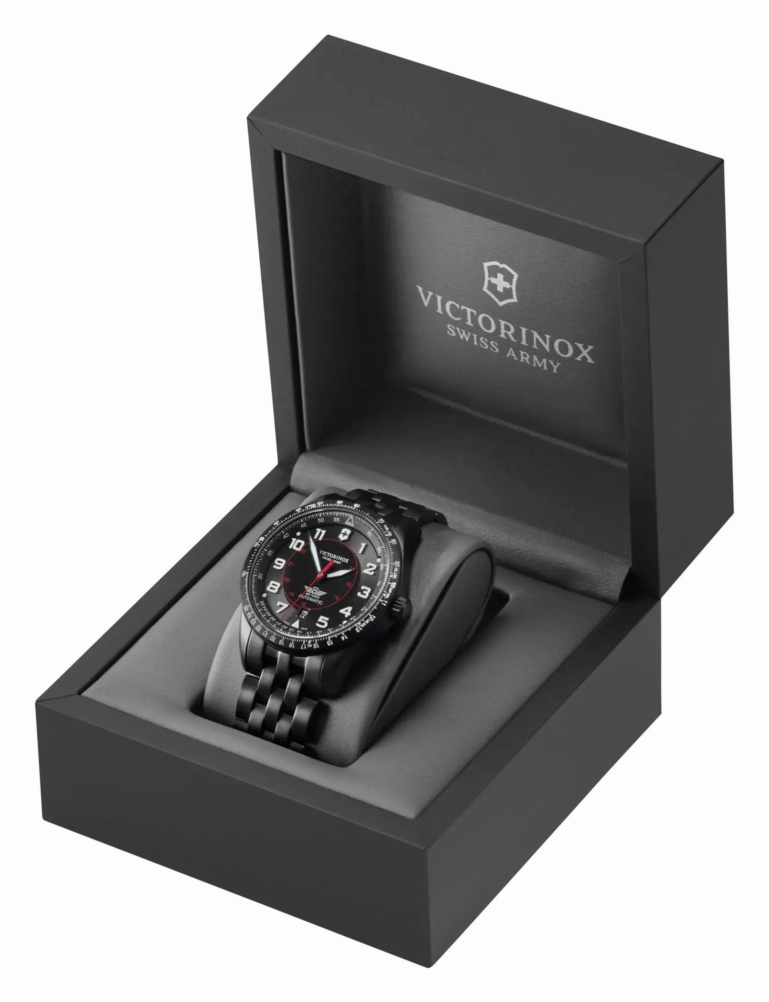 Victorinox Swiss Army Airboss Mechanical Automatic Black Stainless Steel Black Dial Date Mens Watch 241974