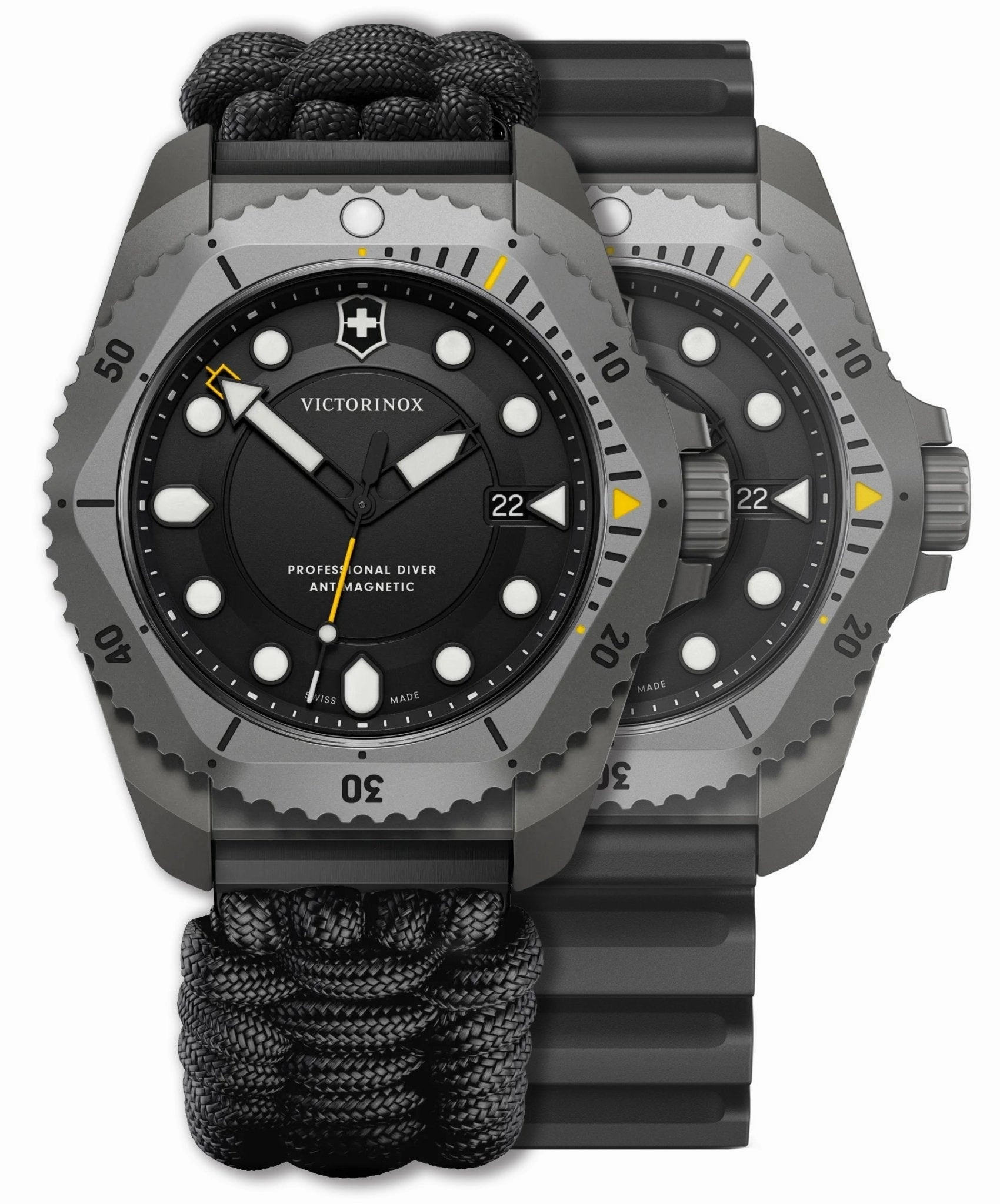 Victorinox Swiss Army Dive Pro Gray Titanium Black Dial Black Nylon Interchangeable Black Rubber Strap Date Divers Quartz Mens Watch 241993.1