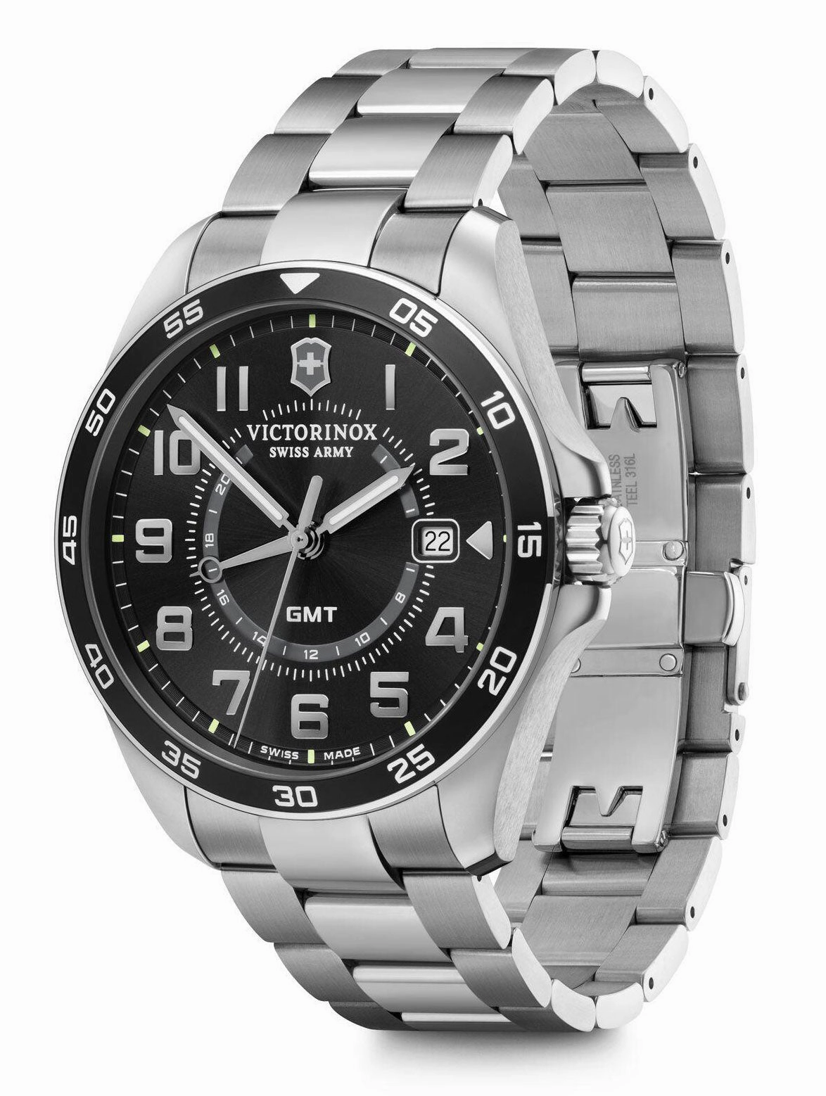 Victorinox Swiss Army FieldForce Classic GMT Stainless Steel Black Dial Date Mens Watch 241930