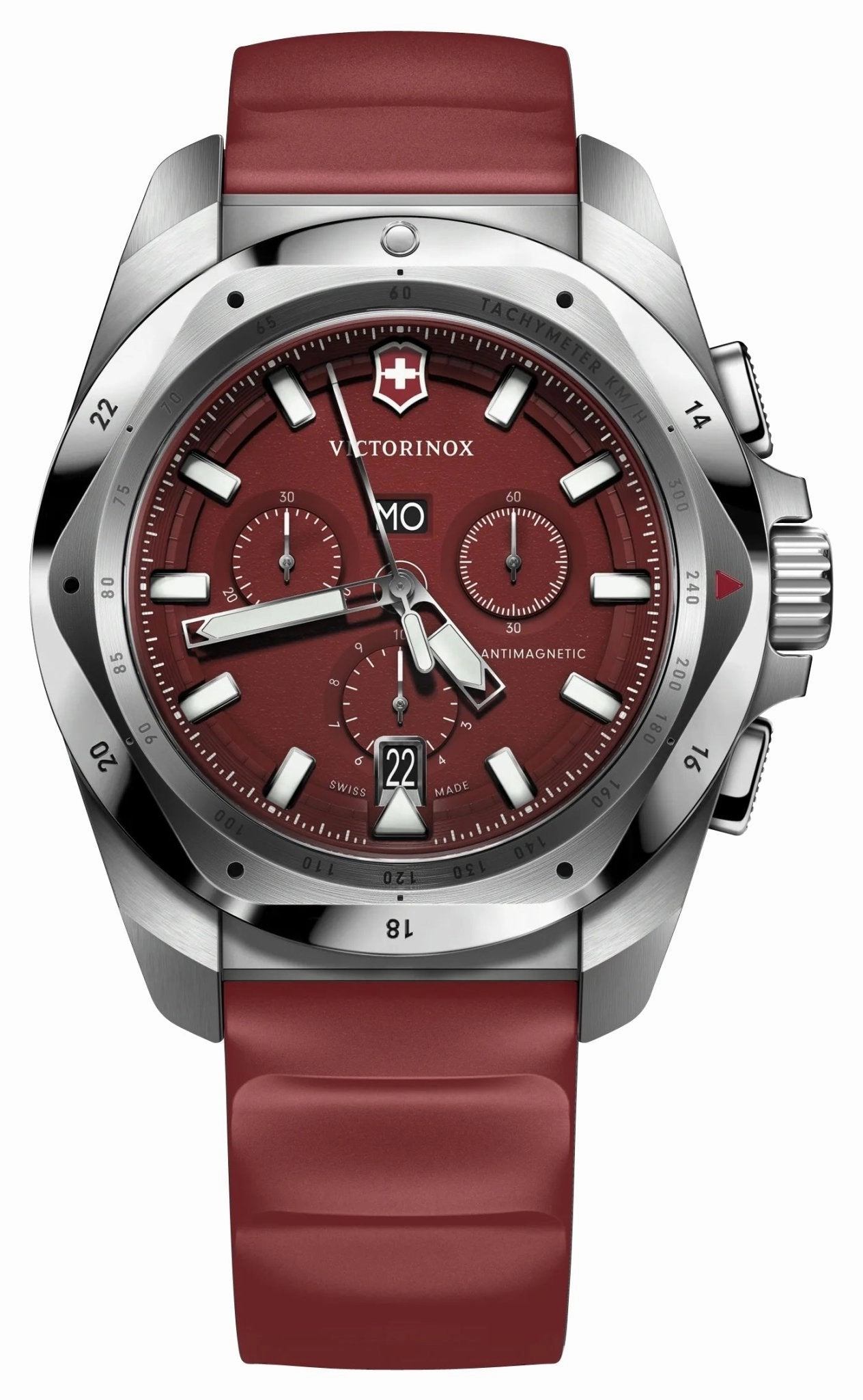 Victorinox Swiss Army I.N.O.X. Chronograph Stainless Steel Red Dial Red Rubber Strap Day/Date Divers Quartz Mens Watch 241986