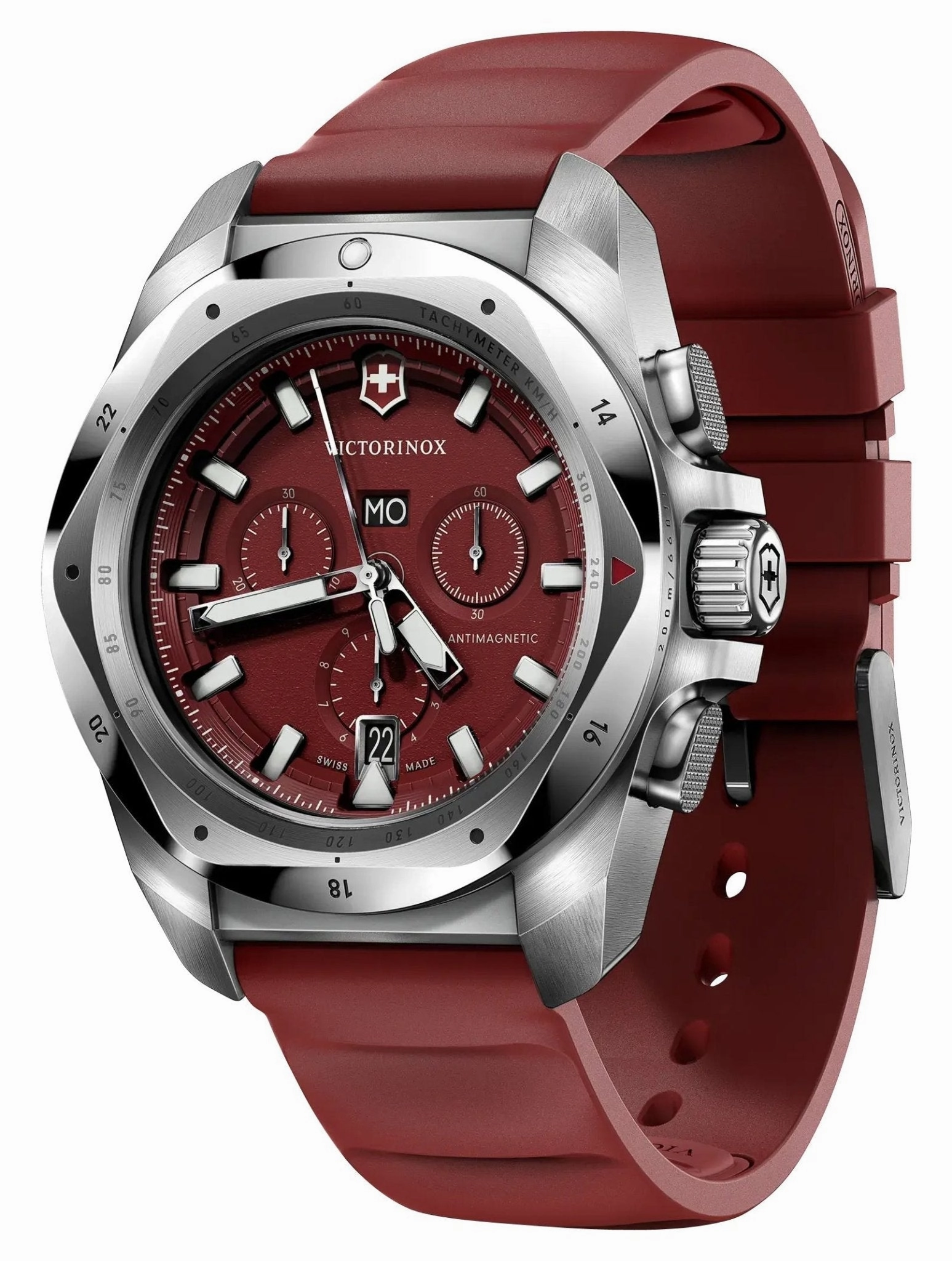 Victorinox Swiss Army I.N.O.X. Chronograph Stainless Steel Red Dial Red Rubber Strap Day/Date Divers Quartz Mens Watch 241986
