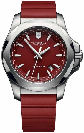 Victorinox Swiss Army INOX Stainless Steel Mens Watch Calendar Red Rubber Strap 241719.1