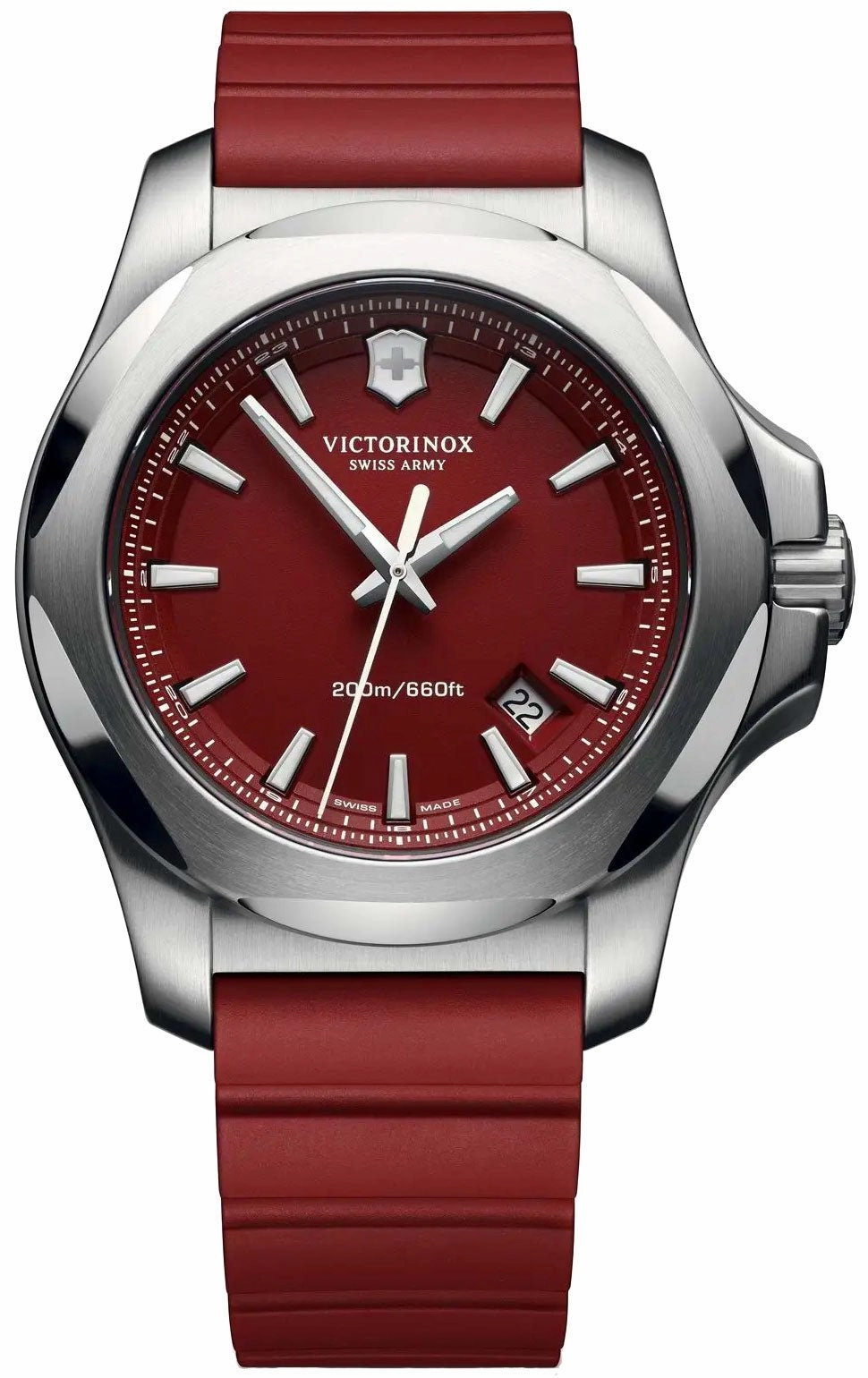 Victorinox Swiss Army INOX Stainless Steel Mens Watch Calendar Red Rubber Strap 241719.1