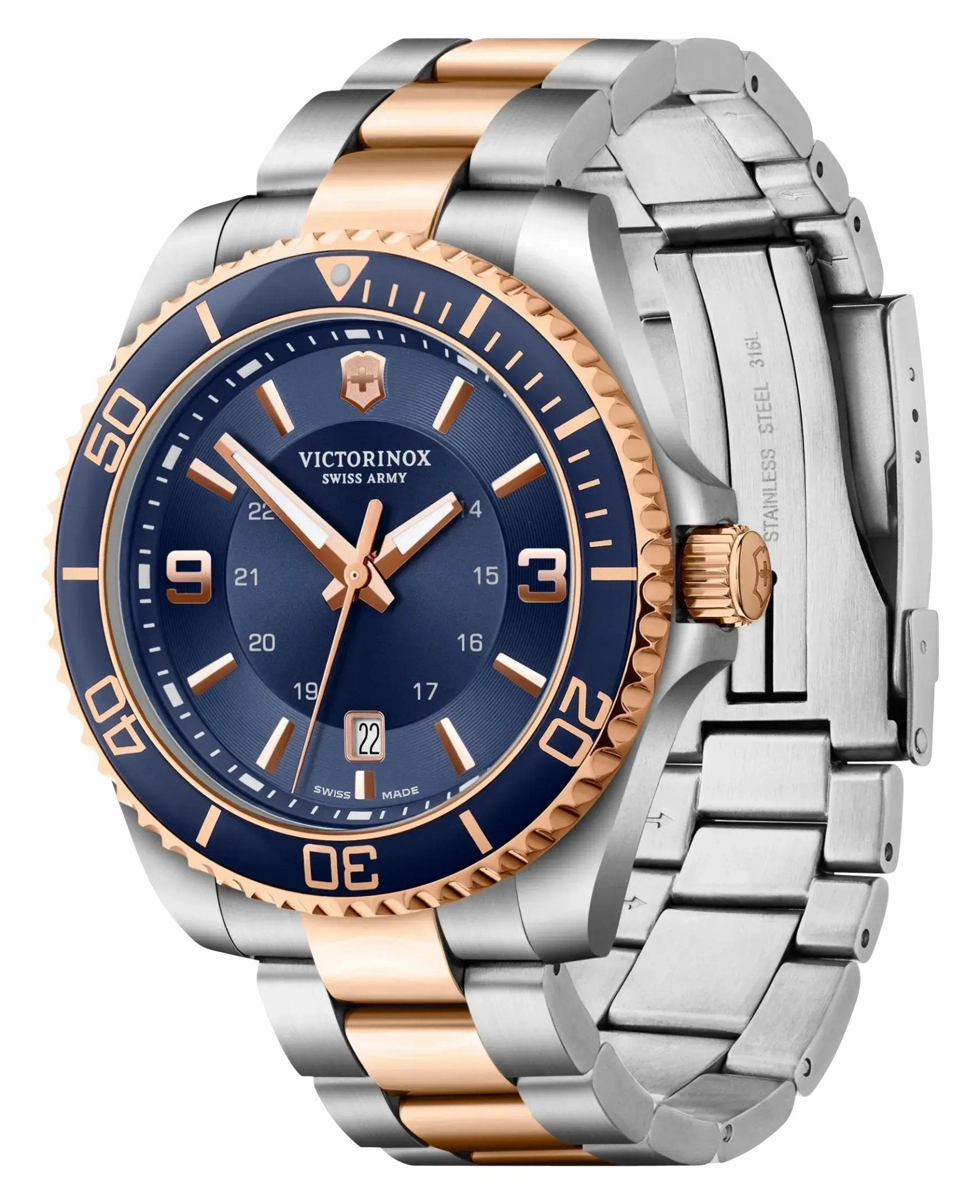 Victorinox Swiss Army Maverick Large Two-Tone Stainless Steel Blue Dial Date Quartz Mens Watch 241950