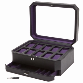 Wolf 458603 Windsor 10 Piece Watch Box with Drawer in Black & Purple