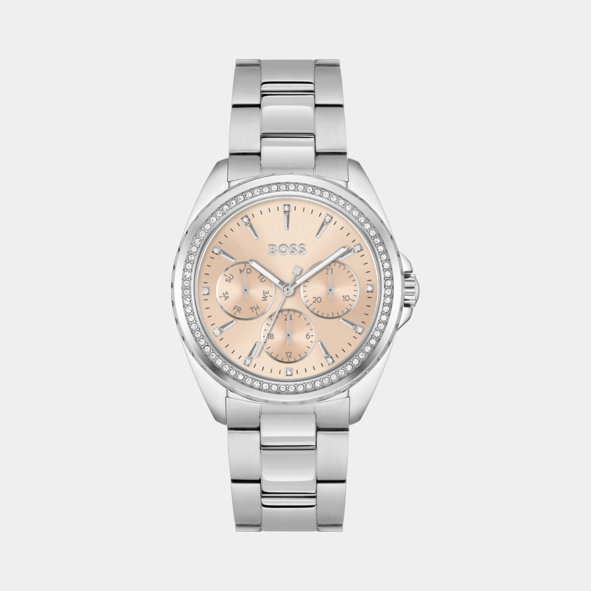 Women Quartz Carnation Gold Dial Multi-Function Stainless Steel Watch 1502732