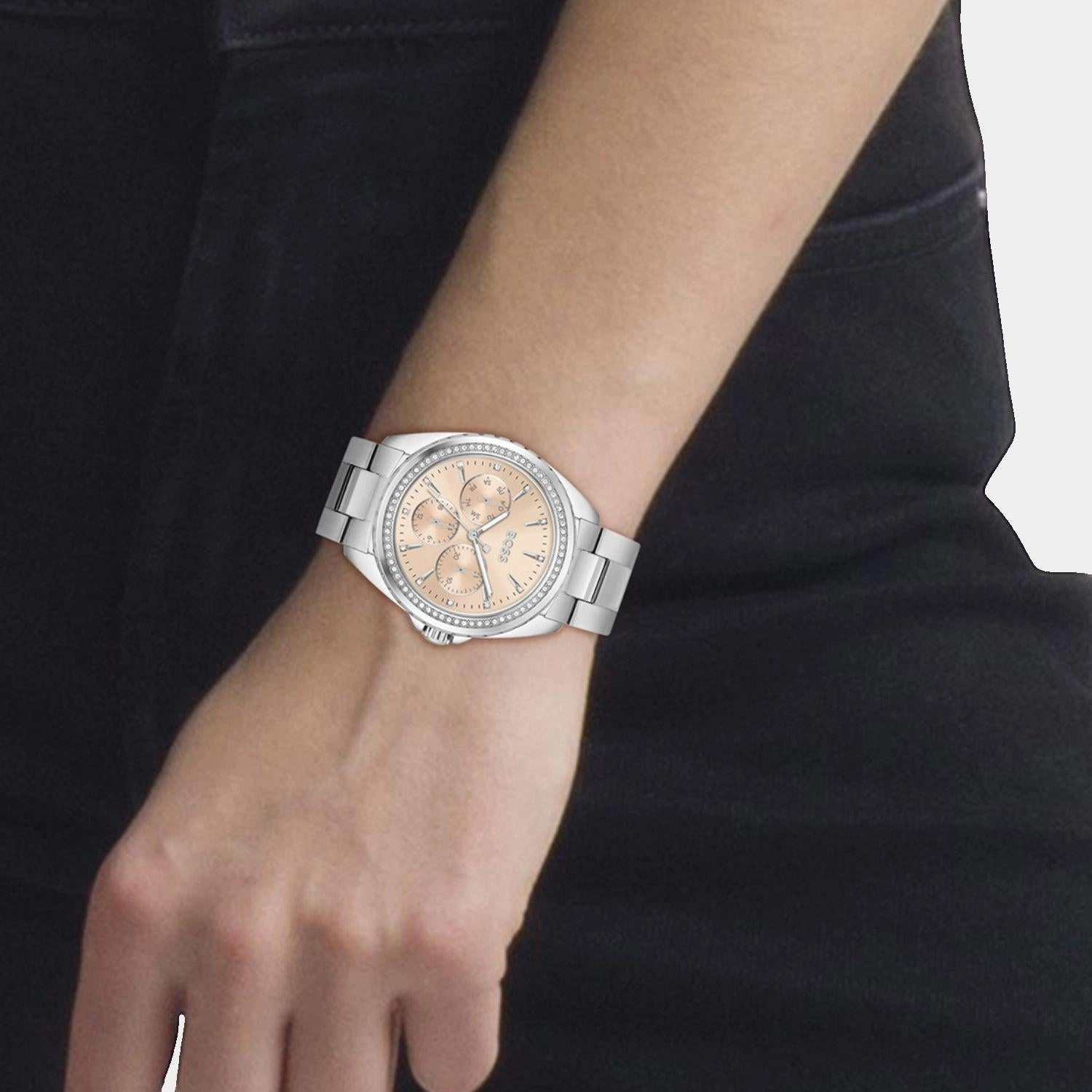 Women Quartz Carnation Gold Dial Multi-Function Stainless Steel Watch 1502732